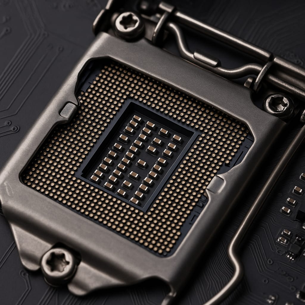 Primer plano de un procesador CPU moderno sobre su socket en una placa base