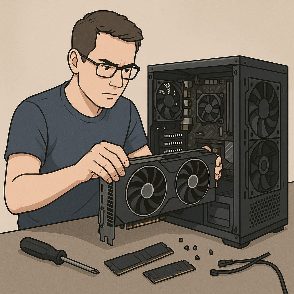 Una persona siendo guiada por una interfaz de IA para ensamblar una PC